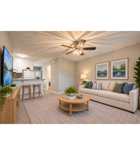 A living room with a white couch, a wooden coffee table, and a flat-screen TV.