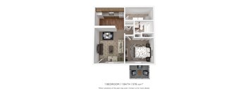 A floor plan of a 1 bedroom, 1 bathroom apartment that is 576 square feet.