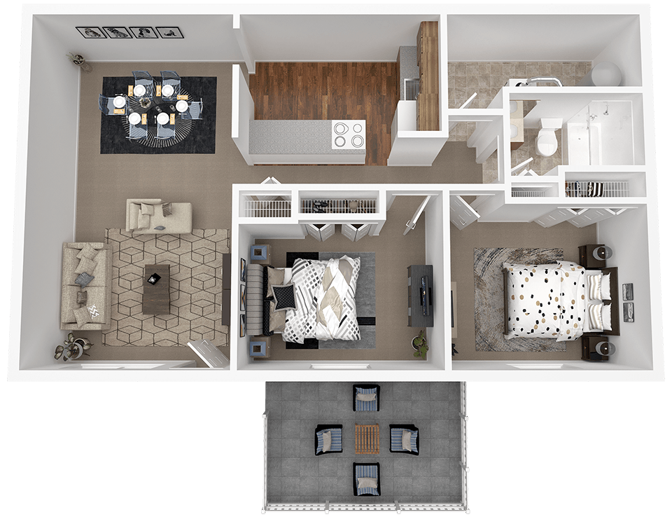 A top-down view of a house layout with a kitchen, living room, and bedrooms.