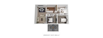 A 2 bedroom apartment with a bathroom is 864 square feet.