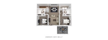 A 2 bedroom, 2 bathroom apartment is 864 square feet.