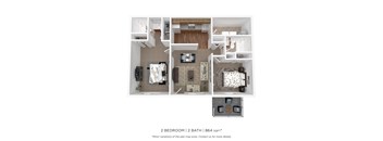 A 2 bedroom, 2 bathroom apartment is 864 square feet.