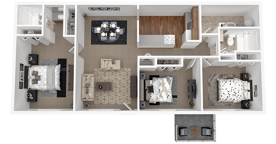 A floor plan of a house with a kitchen, living room, and two bedrooms.