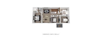 A 3 bedroom, 2 bathroom apartment is 1052 square feet.