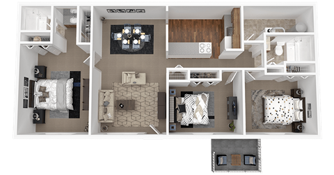 A floor plan of a house with a kitchen, living room, and two bedrooms.