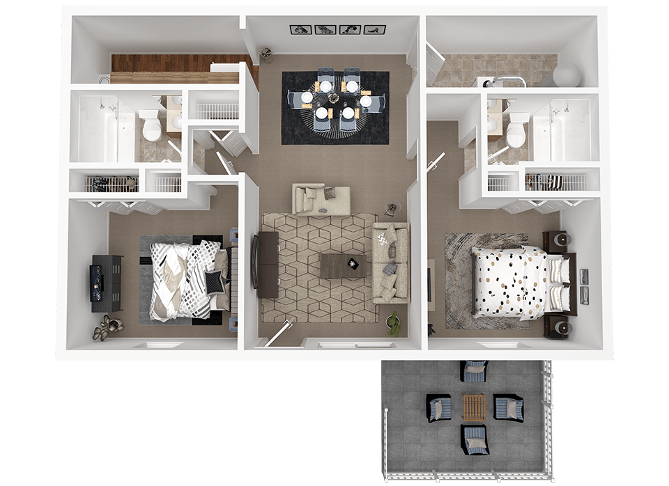 A top-down view of a house layout with a living room, kitchen, and bedrooms.