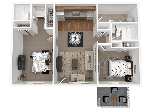 A top-down view of a house layout with a living room, kitchen, and bedrooms.