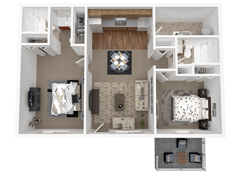 A top-down view of a house layout with a living room, kitchen, and bedrooms.