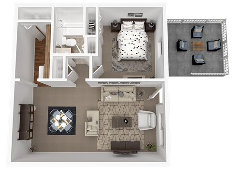 A top-down view of a small apartment layout with a bedroom, living room, and kitchen.