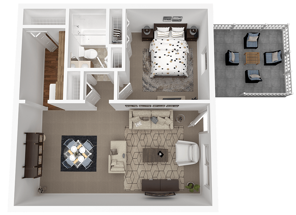 A top-down view of a small apartment layout with a bedroom, living room, and kitchen.