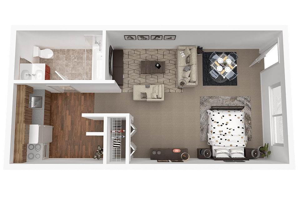 A dollhouse living room with a sofa, chairs, and a rug.