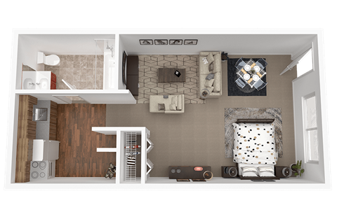 A dollhouse living room with a sofa, chairs, and a rug.