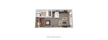 A top-down view of a studio apartment with a bed, a couch, a table, and a kitchenette.