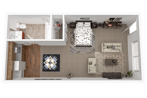 A top-down view of a small, neatly organized bedroom with a bed, desk, and shelving.