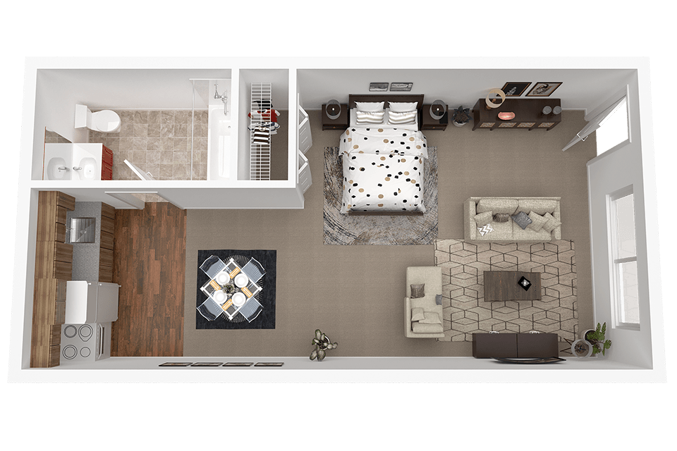 A top-down view of a small, neatly organized bedroom with a bed, desk, and shelving.