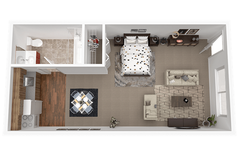 A top-down view of a small, neatly organized bedroom with a bed, desk, and shelving.