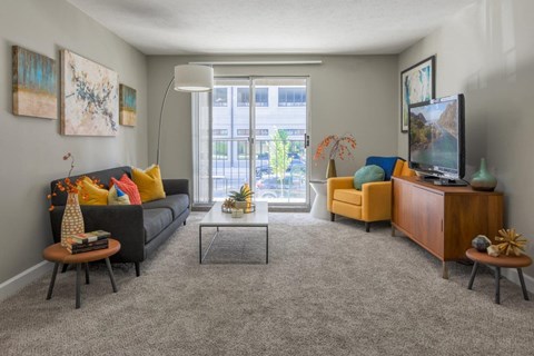A living room with a grey carpet and a black couch.