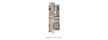 A floor plan of a 1 bedroom apartment with a bathroom.