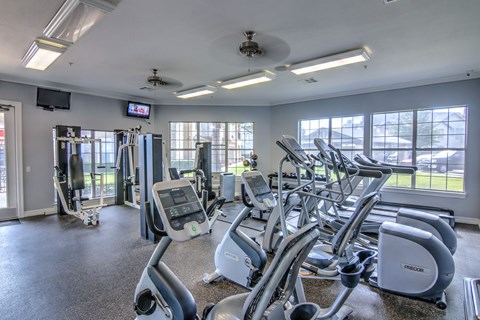 A gym with treadmills and elliptical machines.