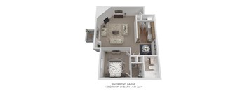A diagram of a one bedroom apartment with a bathroom and living room.