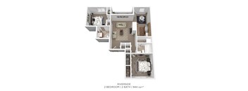 A floor plan of a 2 bedroom, 2 bathroom apartment with a total of 944 square feet.