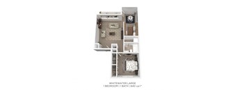 A floor plan of a one bedroom, one bathroom apartment.
