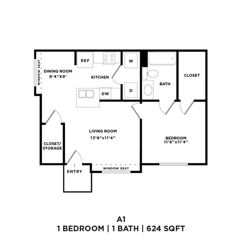 A black and white image of a floor plan for a 1 bedroom, 1 bathroom apartment.