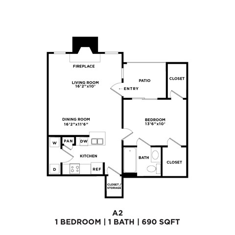 A 2 bedroom apartment with 1 bath has a living room, dining room, kitchen, and closet.