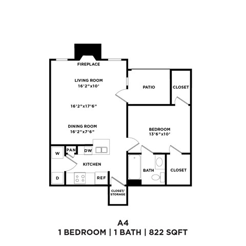 A 1 bedroom 1 bath house plan with 822 square feet.