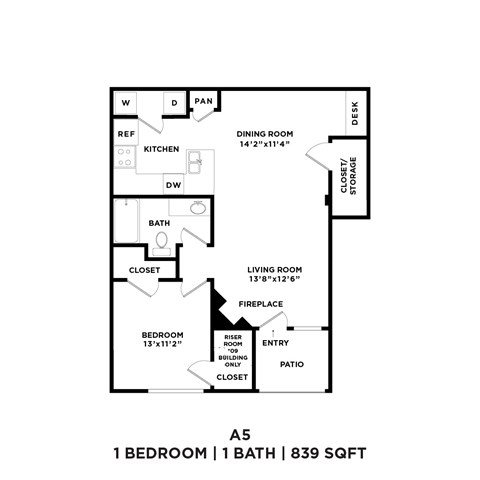A 5 bedroom, 1 bathroom apartment is 839 square feet.
