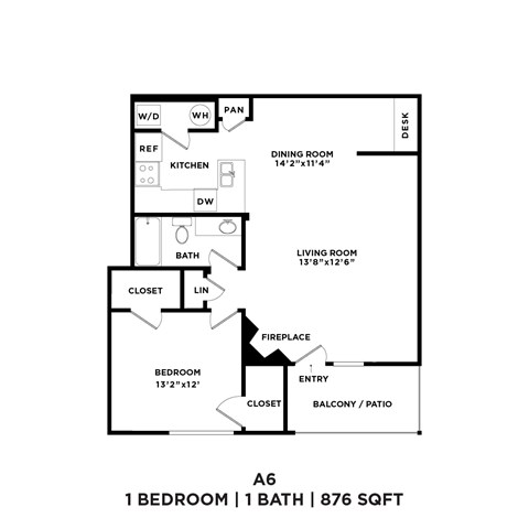 A floor plan for a 1 bedroom 1 bath apartment sized at 876 square feet.