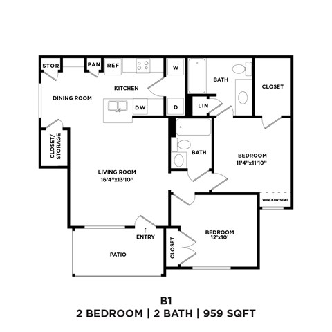 A black and white image of a floor plan for a 2 bedroom, 2 bathroom apartment.