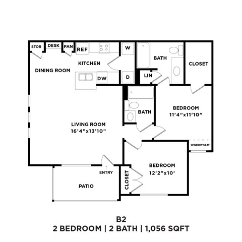 A black and white image of a floor plan for a 2 bedroom, 2 bathroom apartment.