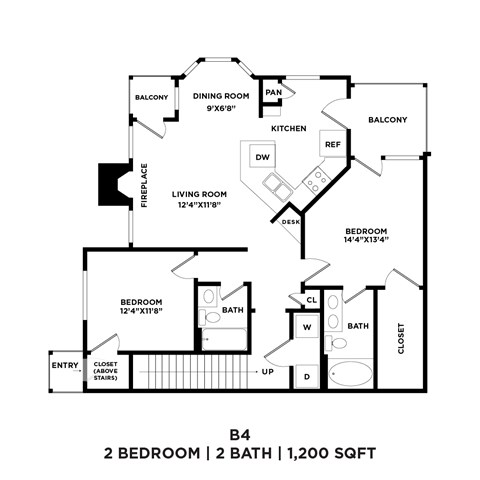 A black and white image of a floor plan for a B4 2 Bedroom 2 Bath 1200 sqft property.