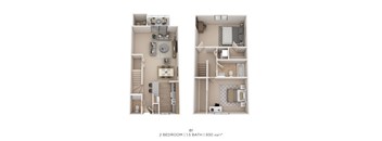 A floor plan of a 2 bedroom apartment with 1.5 bathrooms and 930 sqft.