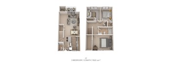 A 3 bedroom apartment with 1.5 bathrooms and 1022 square feet.