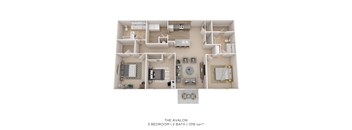 A floor plan of a 3 bedroom, 2 bathroom apartment sized 1316 sqft.