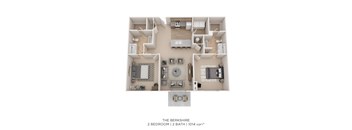 A floor plan of a 2 bedroom, 2 bathroom apartment with a living room, kitchen, and dining room.