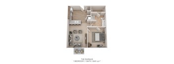 A 1 bedroom apartment with 1 bathroom is 640 square feet.