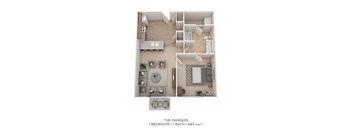 A 1 bedroom apartment with 1 bathroom is shown.