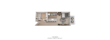 A floor plan of a studio apartment with a bathroom and a kitchen.