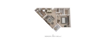 A 1 bedroom apartment with a bathroom and a living room.