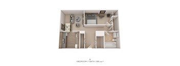 A 3D floor plan of a 1 bedroom 1 bath apartment with a total area of 585 square feet.