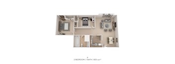 A 2 bedroom, 1 bathroom apartment is 833 square feet.