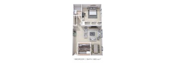 A floor plan of a 1 bedroom apartment with a bathroom.