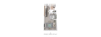 A floor plan of a studio apartment with 1 bath and 1 bed.