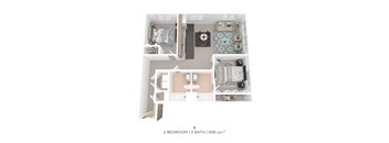 A floor plan of a 2 bedroom, 2 bath apartment with a total area of 928 square feet.