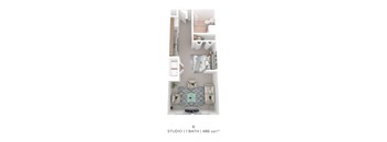 A floor plan of a studio apartment with 1 bath and 486 square feet.