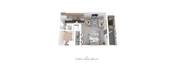A floor plan of a studio apartment with one bathroom, a bed, and a kitchenette.