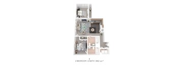A floor plan of a 2 bedroom, 2 bathroom apartment.